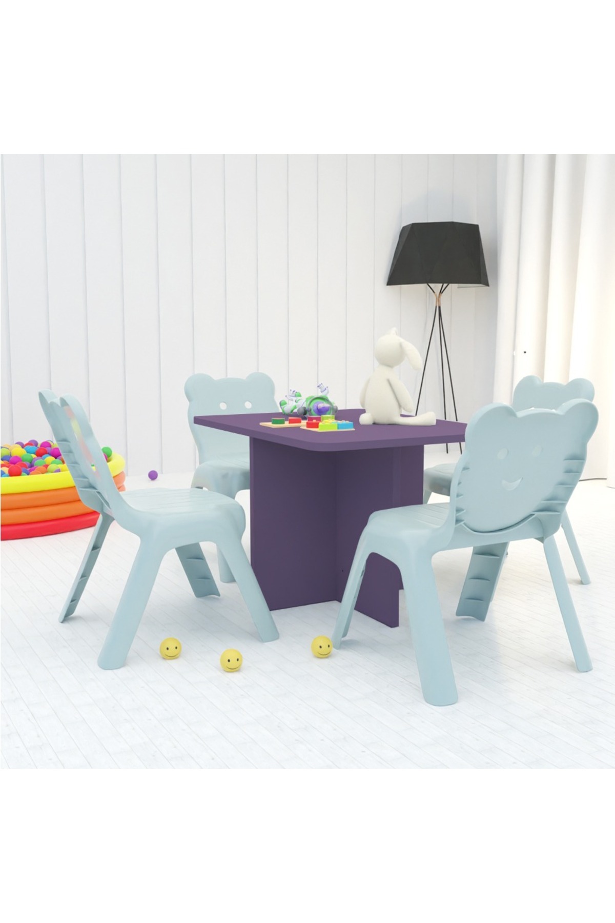 Mahmayi-Modern Wooden Child Desk with 4 Plastic Chair - Purple 5
