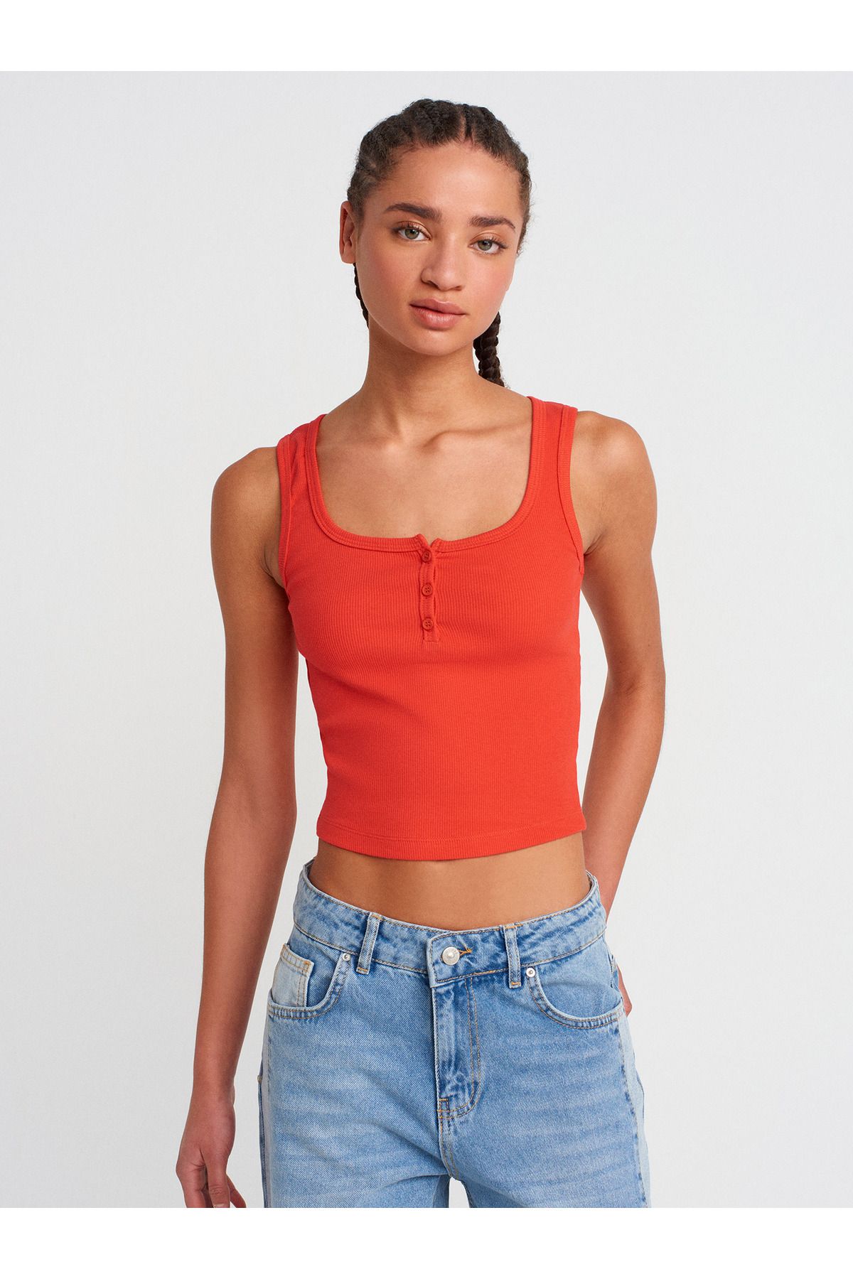 Dilvin-20983 Buttoned Square Collar Top-Red 3