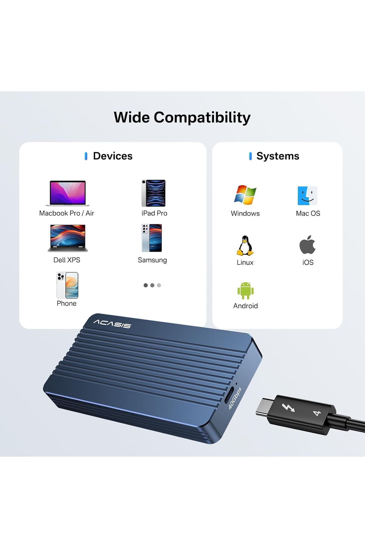 Acasis 40Gbps M2. NVMe SSD, Thunderbolt 4, USB4, Vidasız Montaj Disk Kutusu