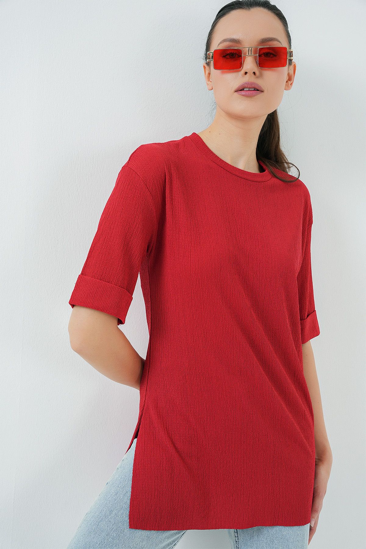 Bigdart-4332 Knitted T-Shirt with Side Slits - Red 2
