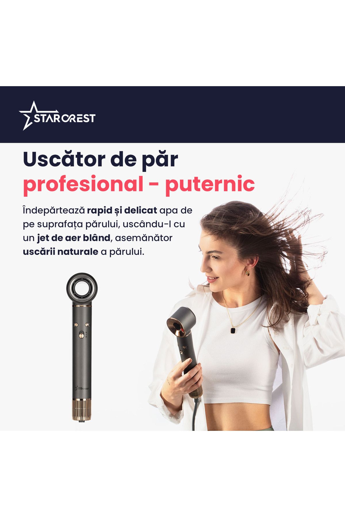 STARCREST-Uscator de par profesional STARCREST SHD-5-1, 1300 W, 4 Accesorii incluse, 3 Trepte de viteza 3