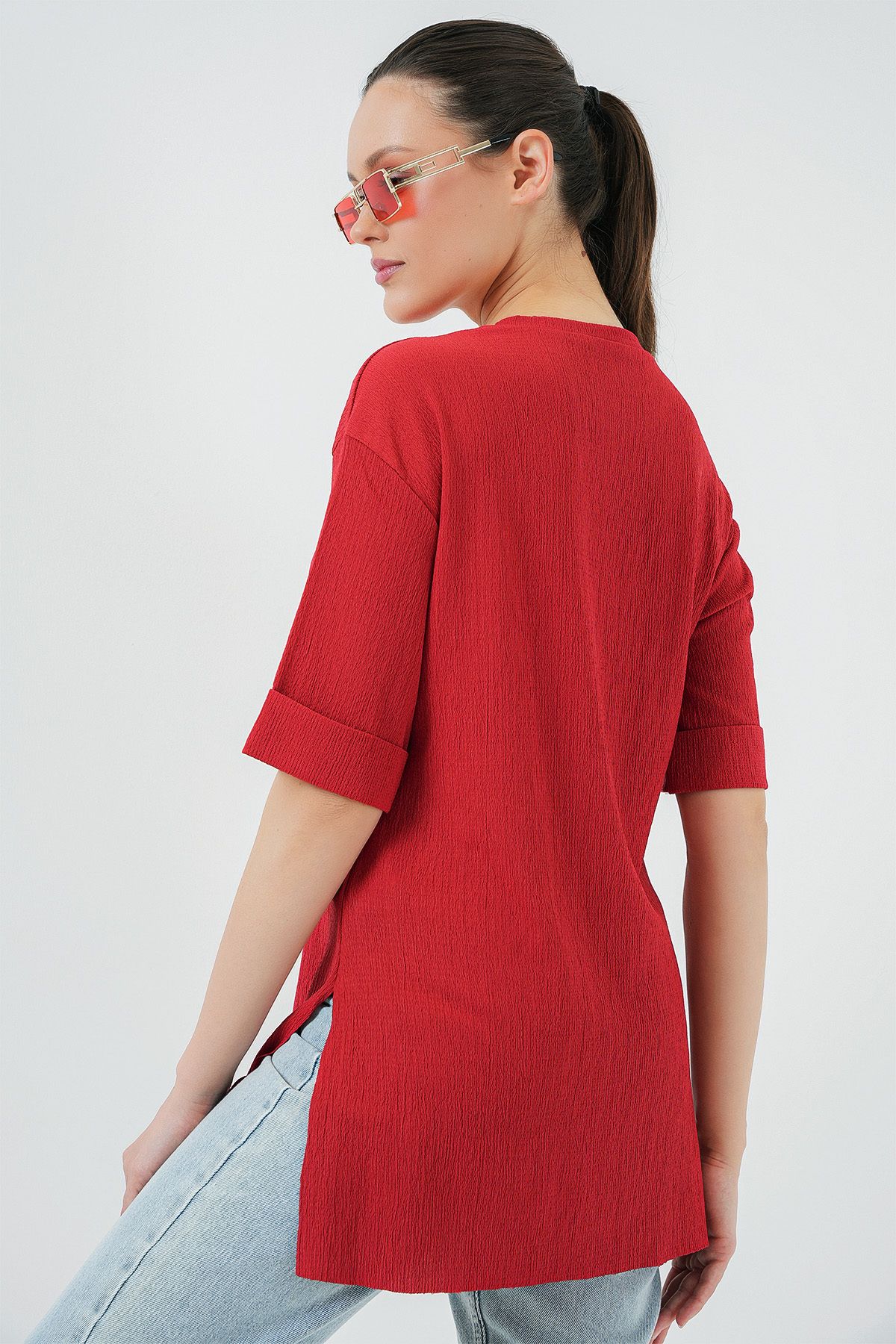 Bigdart-4332 Knitted T-Shirt with Side Slits - Red 6