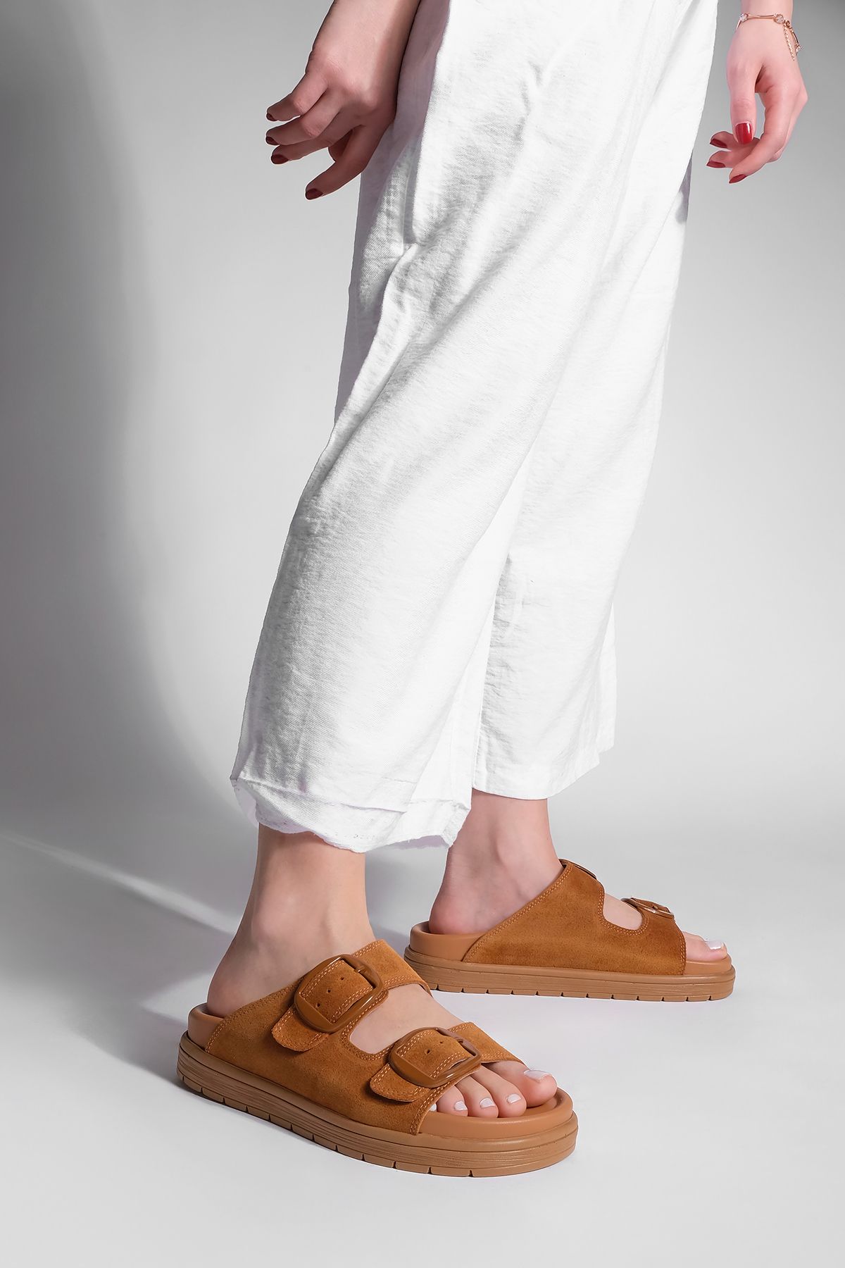 Marjin-Women's Genuine Leather Buckle Thick Sole Daily Slippers Rontes Tan Suede 4