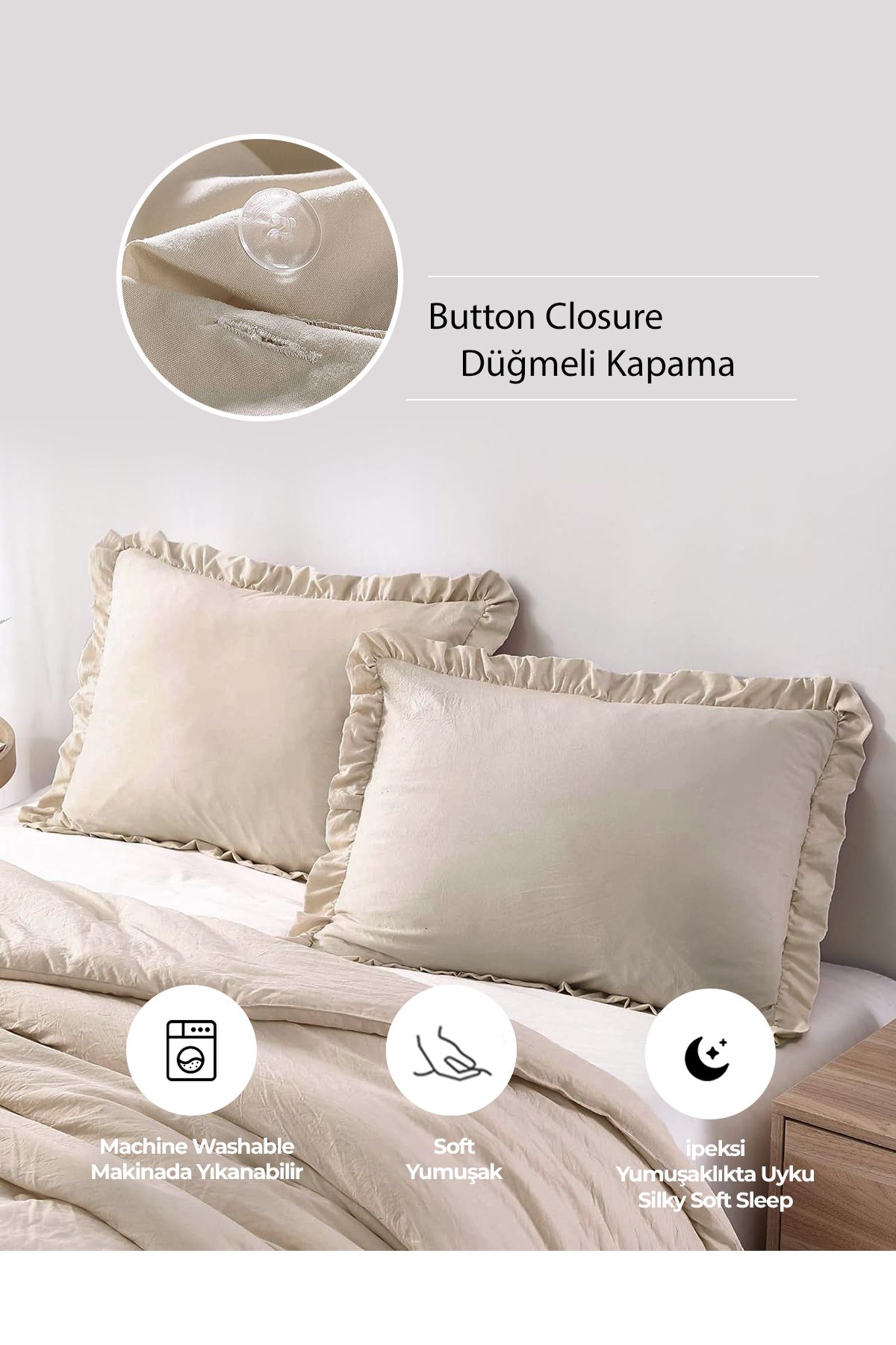 Evlen Home Collection-Cotton Stone Washed Frilly Duvet Cover Set 4 Piece Barella Soft Cappuccino 2