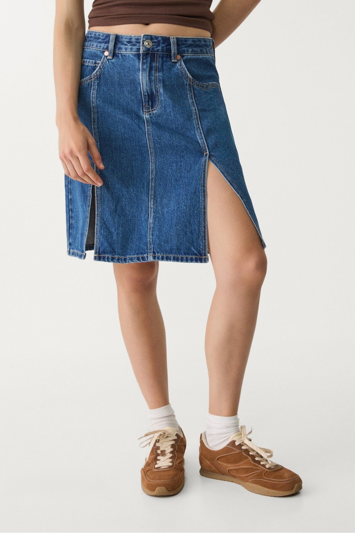 Stradivarius-Double split denim midi skirt 2