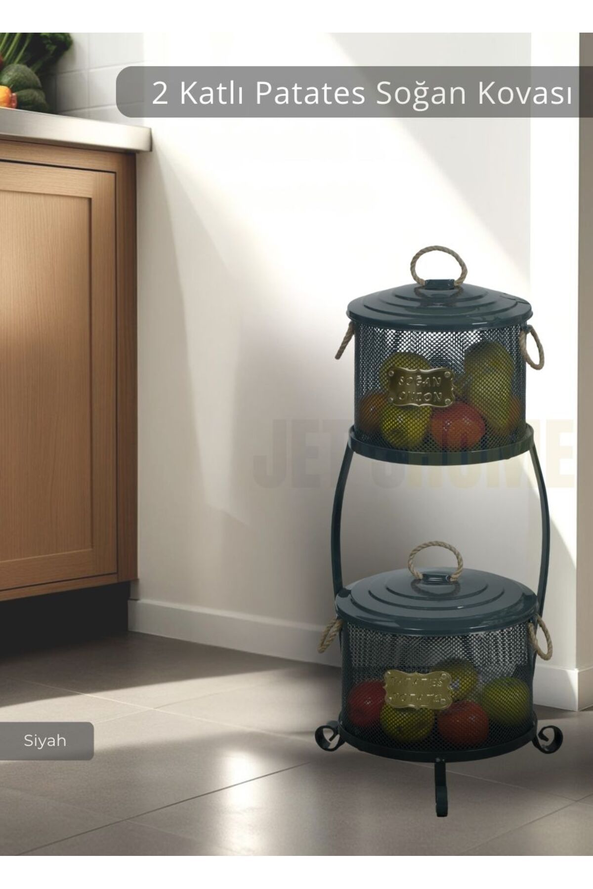 Jet's Home Patates Soğan Kovası 2 Katlı Sebzelik Paslanmaz Organizer Patates Soğan Sepeti Siyah