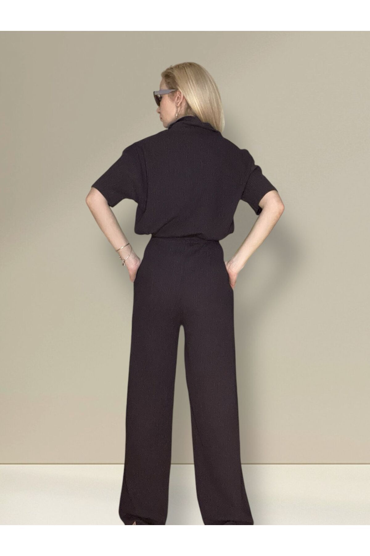 Oyga-Women's Shirt Collar Top Crop Pants Double Bottom Top Set 3