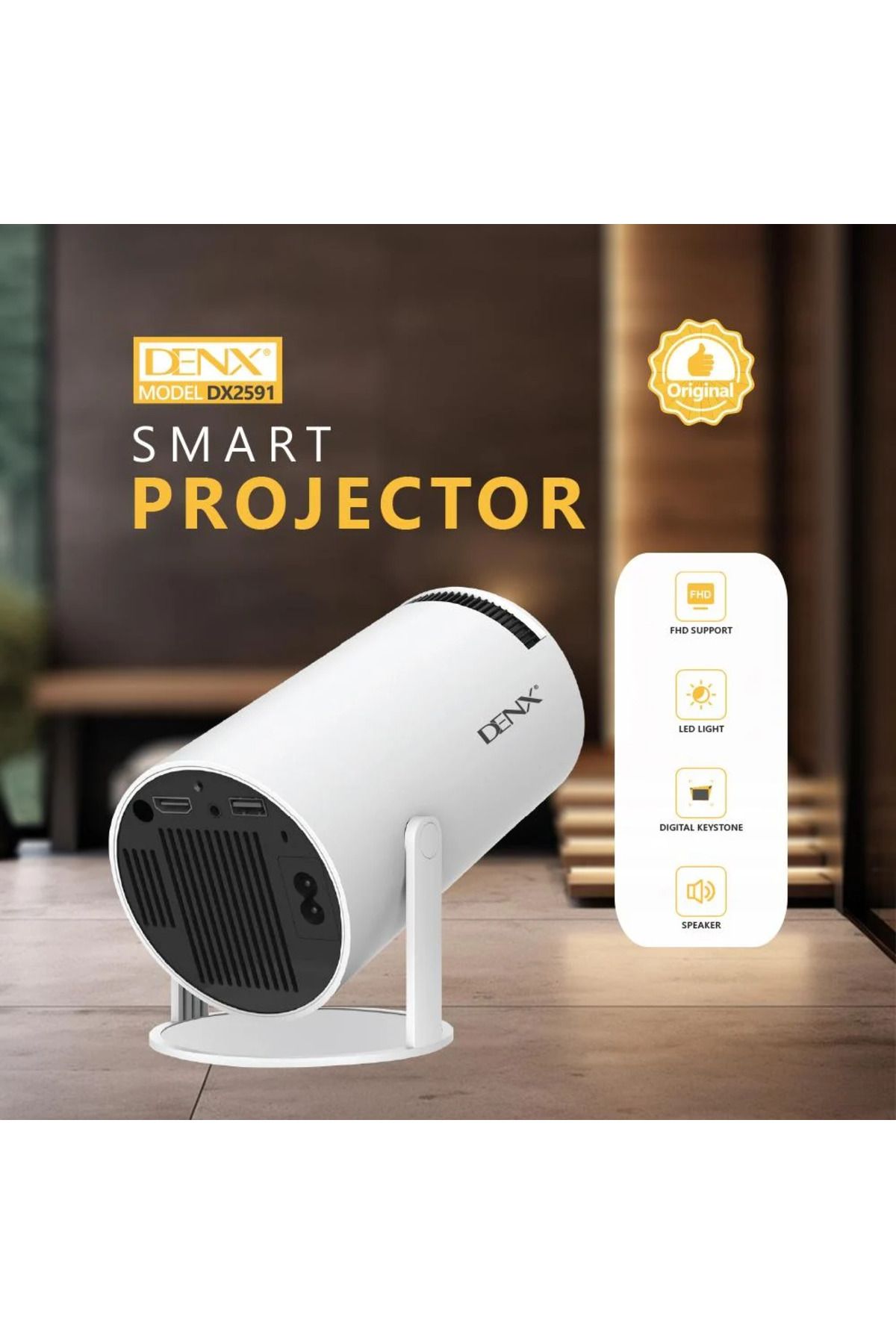 Denx-Smart Mini Projector, Portable Built-in Wi-Fi, Android 11, FHD 1080P Projector Supports 50,000 H 7