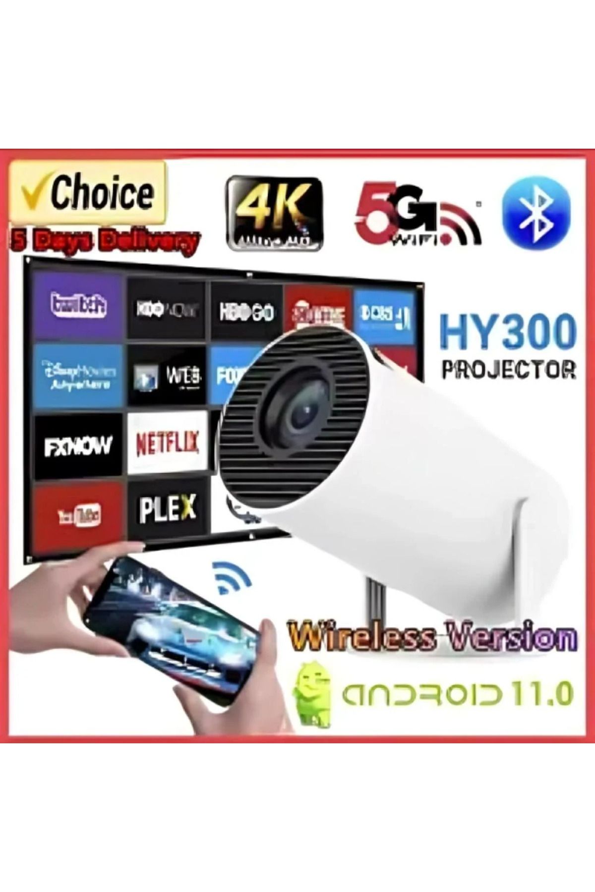 Denx-Smart Mini Projector, Portable Built-in Wi-Fi, Android 11, FHD 1080P Projector Supports 50,000 H 5