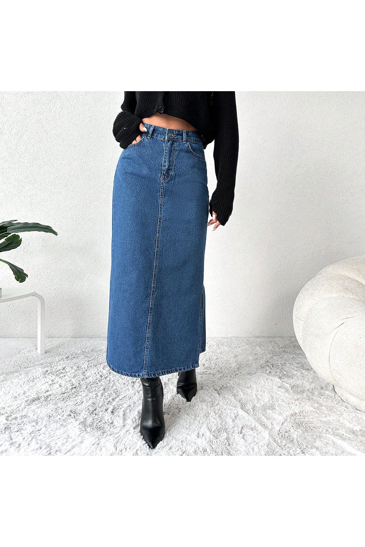 Dema  Kadın Yandan Yırtmaçlı %100 pamuk denim etek - Görsel 3