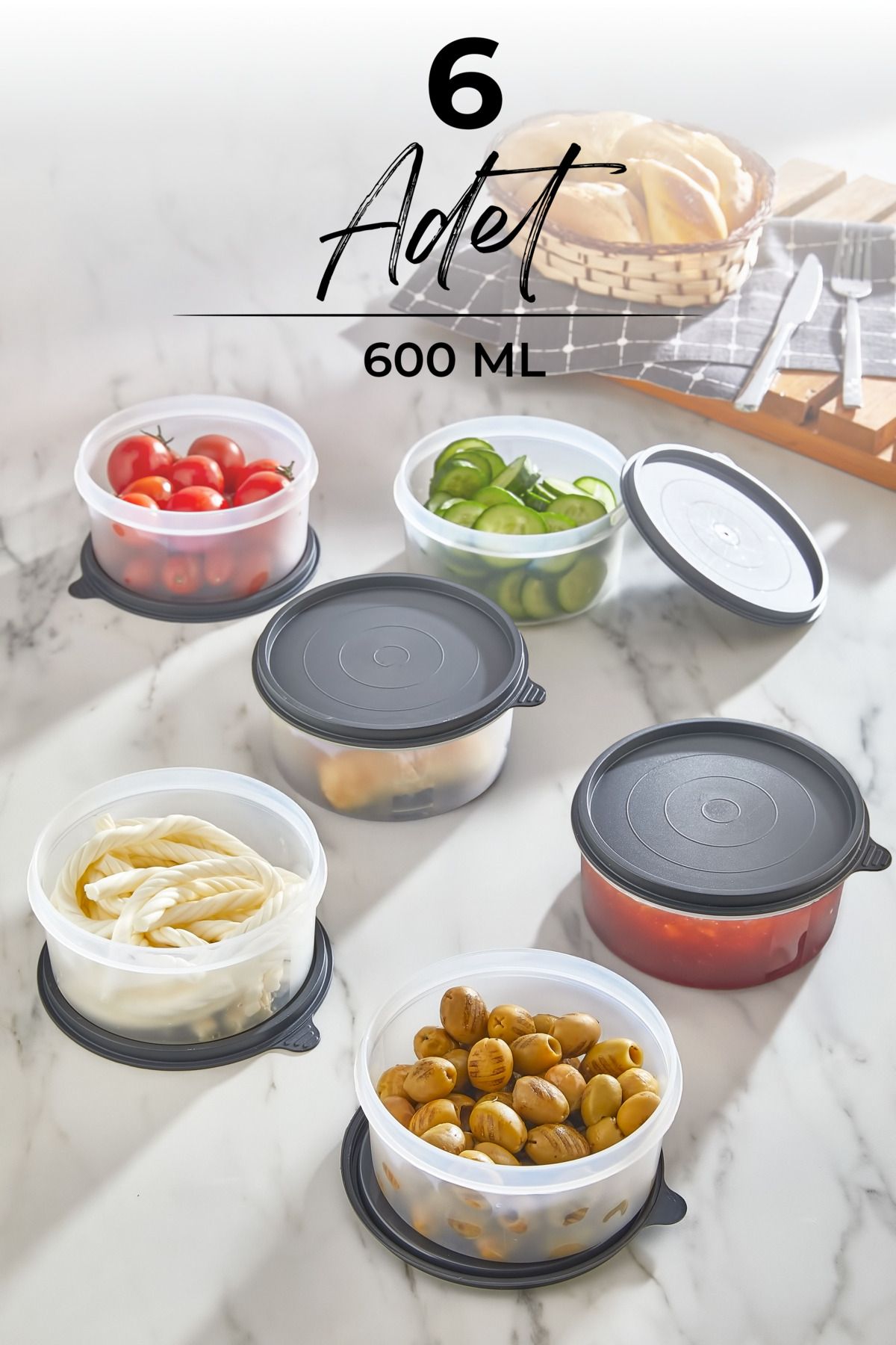 Kitchen Life-أورا طقم حاوية تخزين الإفطار الدائرية مكون من 6 قطع 600 مل × 4 1
