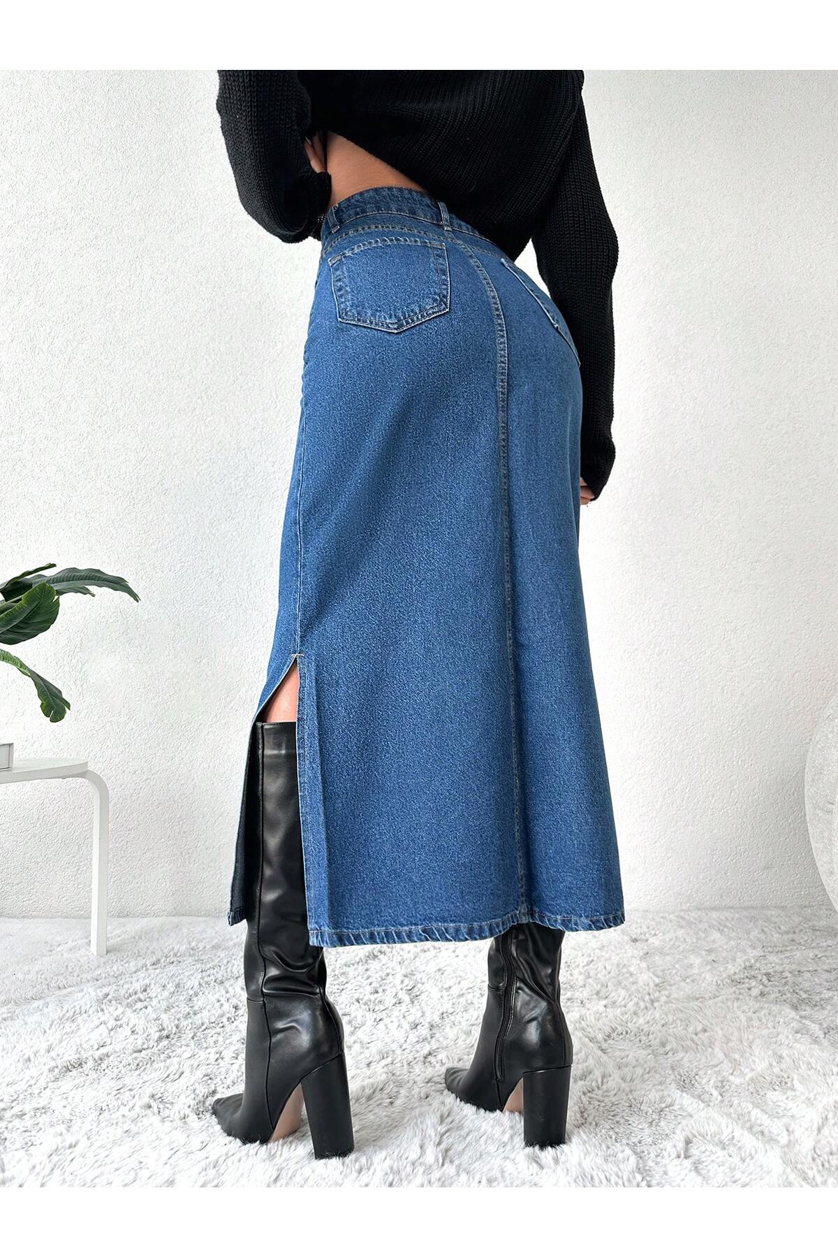 Dema  Kadın Yandan Yırtmaçlı %100 pamuk denim etek - Görsel 5