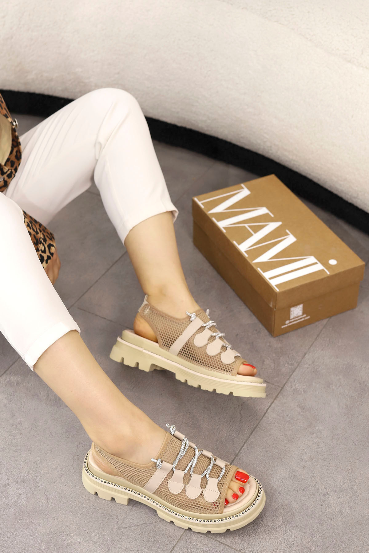 Mamito Ayakkabı  RİO Taşlı Bağcıklı Triko Sandalet - Görsel 3