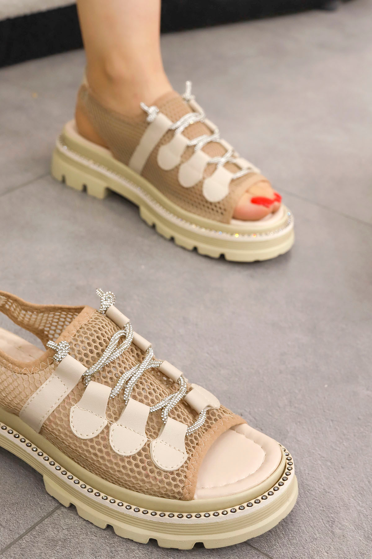 Mamito Ayakkabı  RİO Taşlı Bağcıklı Triko Sandalet - Görsel 4