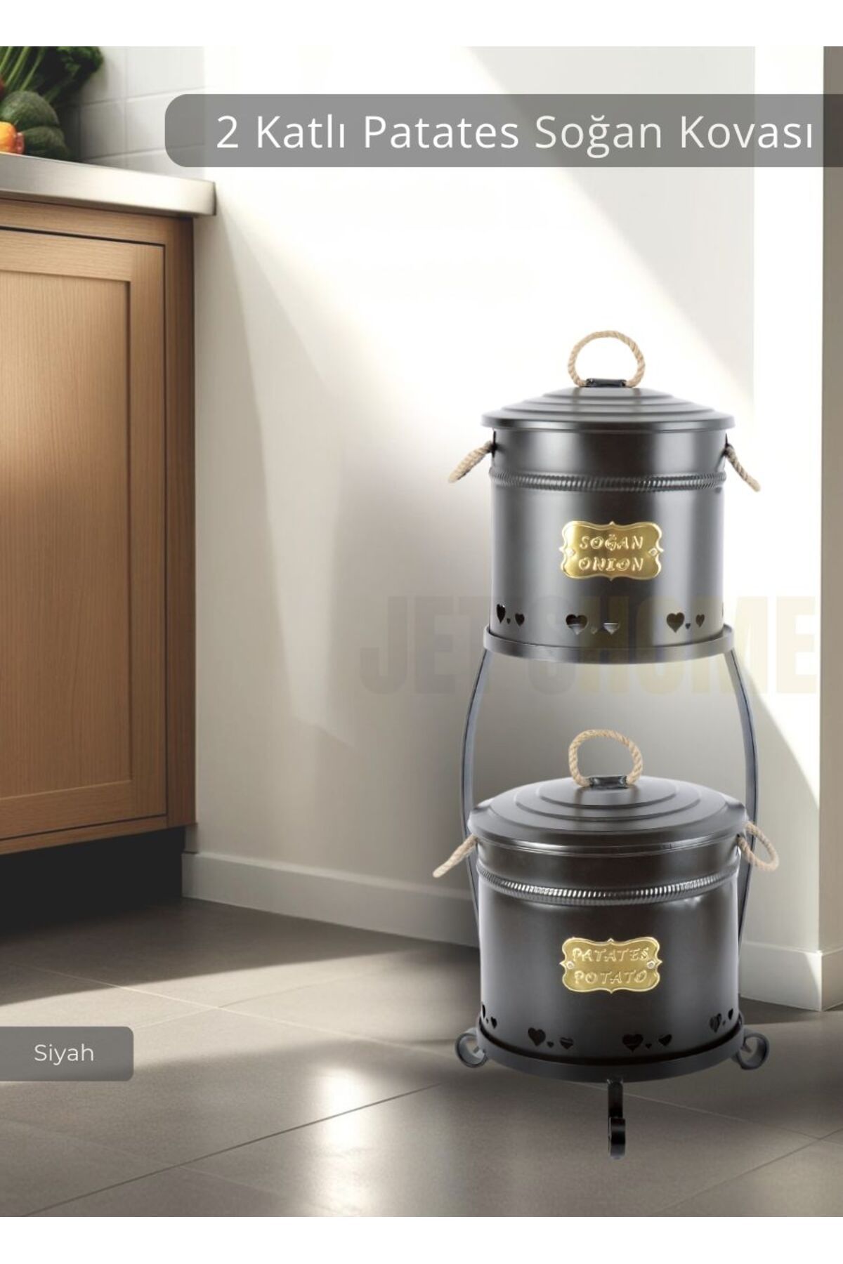 Jet's Home Patates Soğan Kovası 2 Katlı Sebzelik Paslanmaz Organizer Patates Soğan Sepeti Siyah