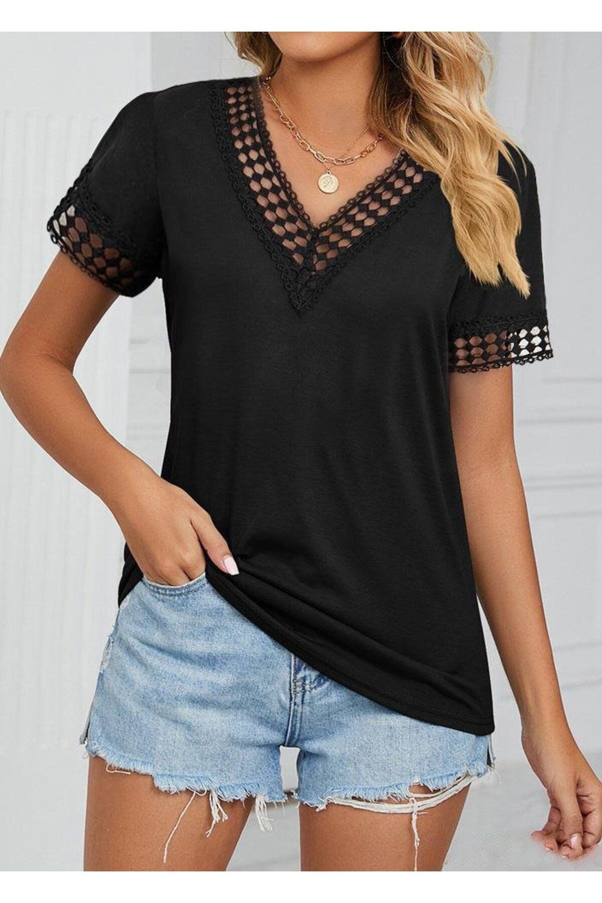 velmorafashion Kadın Kısa Kollu V Yaka Dantel Yakalı Viskon Bluz