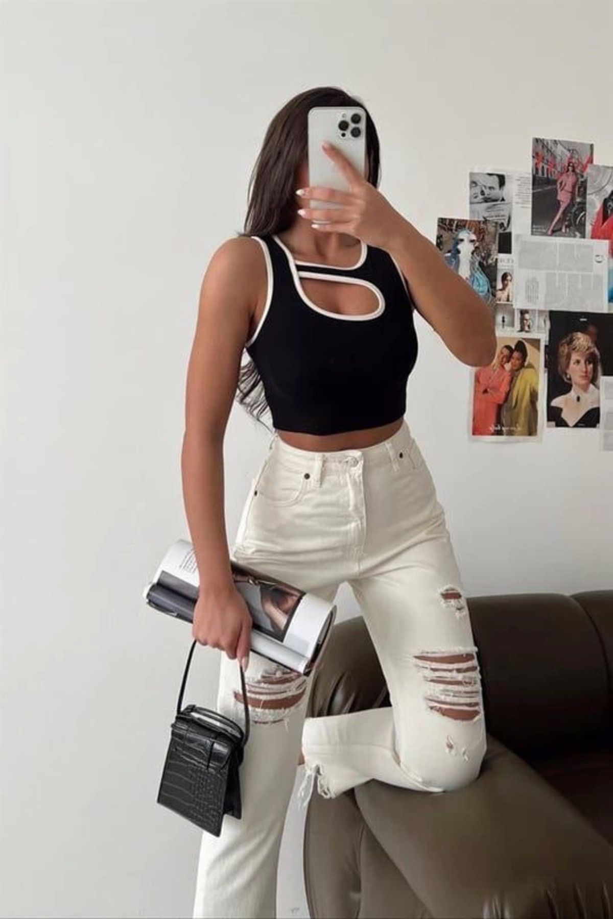 THEFOF Modern kesim fit likralı crop bluz askılı siyah günlük casual