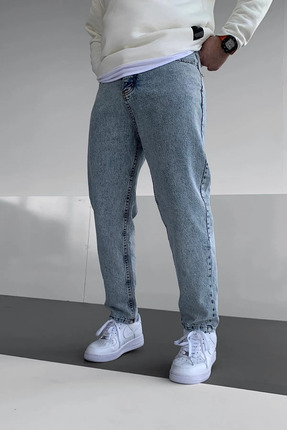 Cuqq Denim Erkek Asit Yıkama Yıpratmalı Açık Mavi Kot Baggy Pantolon Jean