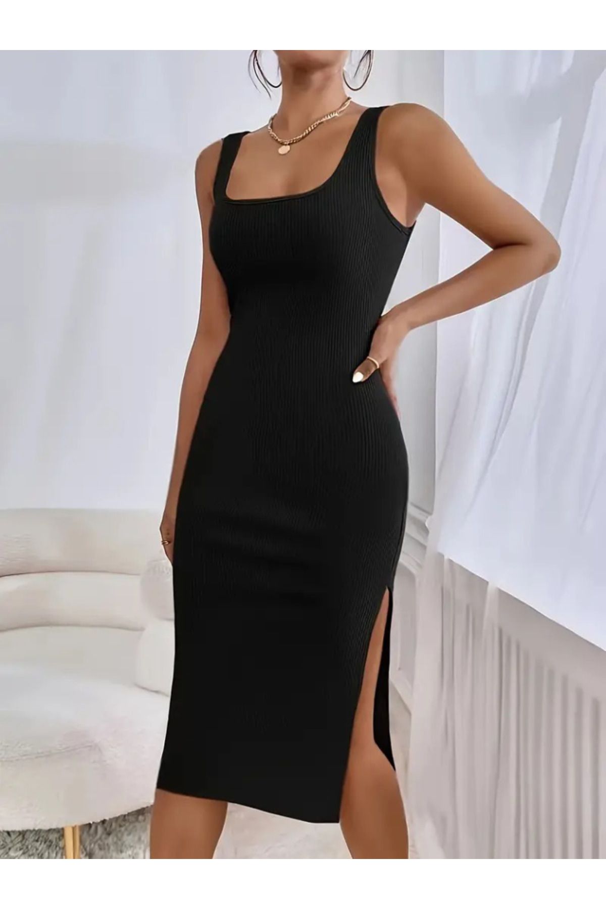 civetta-Women's Strappy Square Neck Side Slit Midi Camisole Dress 5