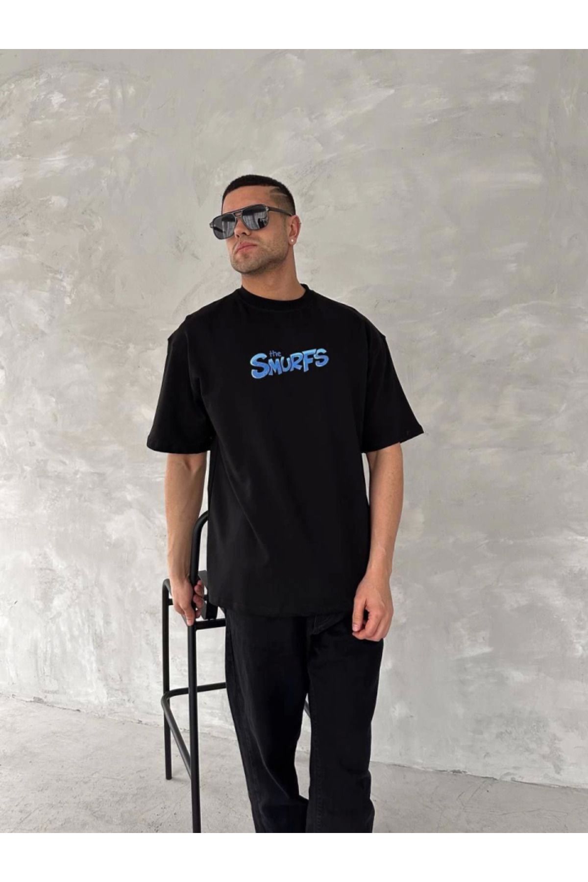 Deridün Yıldız Shoes Ön Ve Arka Baskılı Oversize Bisiklet Yaka T-shirt- Siyah