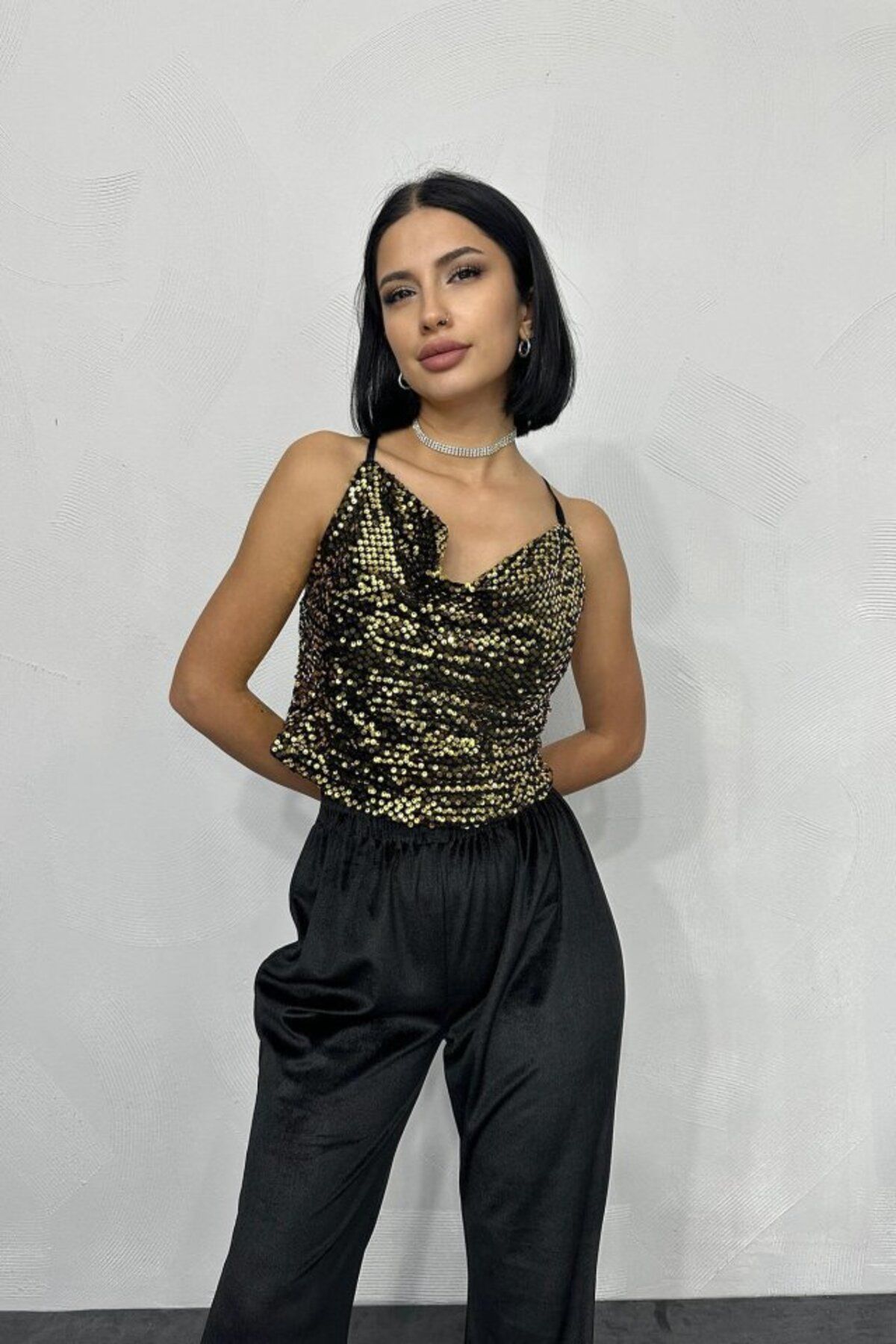 ASFSTORE Gold Askılı Degaje Bluz