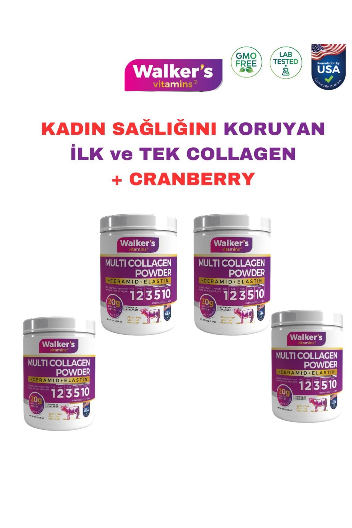 Walkers Walker`s %100 Saf ve Doğal Ceramide, Elastin, Cranberry, içeren Çift Hidrolize Kolajen (4 KUTU)