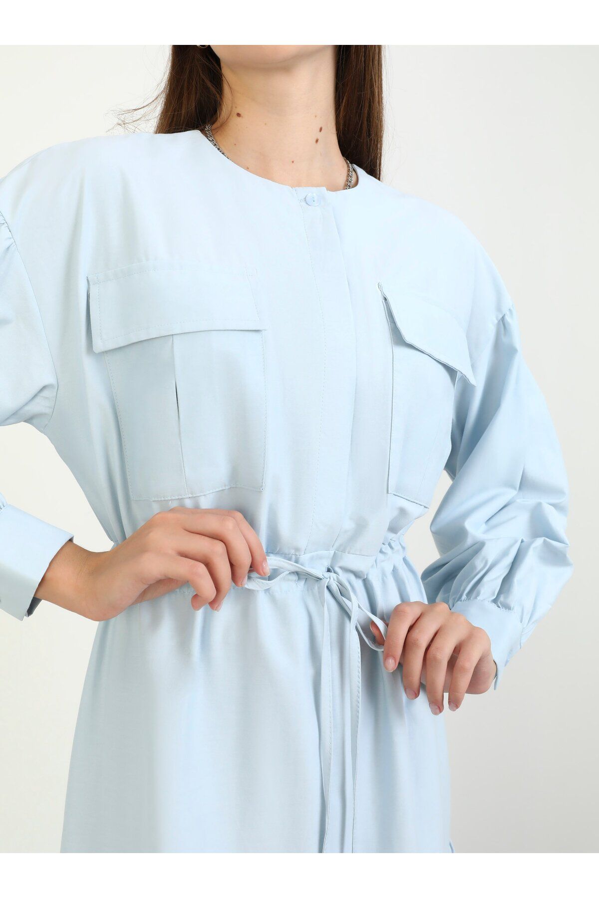 Benin-Light Blue Cotton Poplin Hijab Dress - Pocket Detail and Drawstring - Benin 5