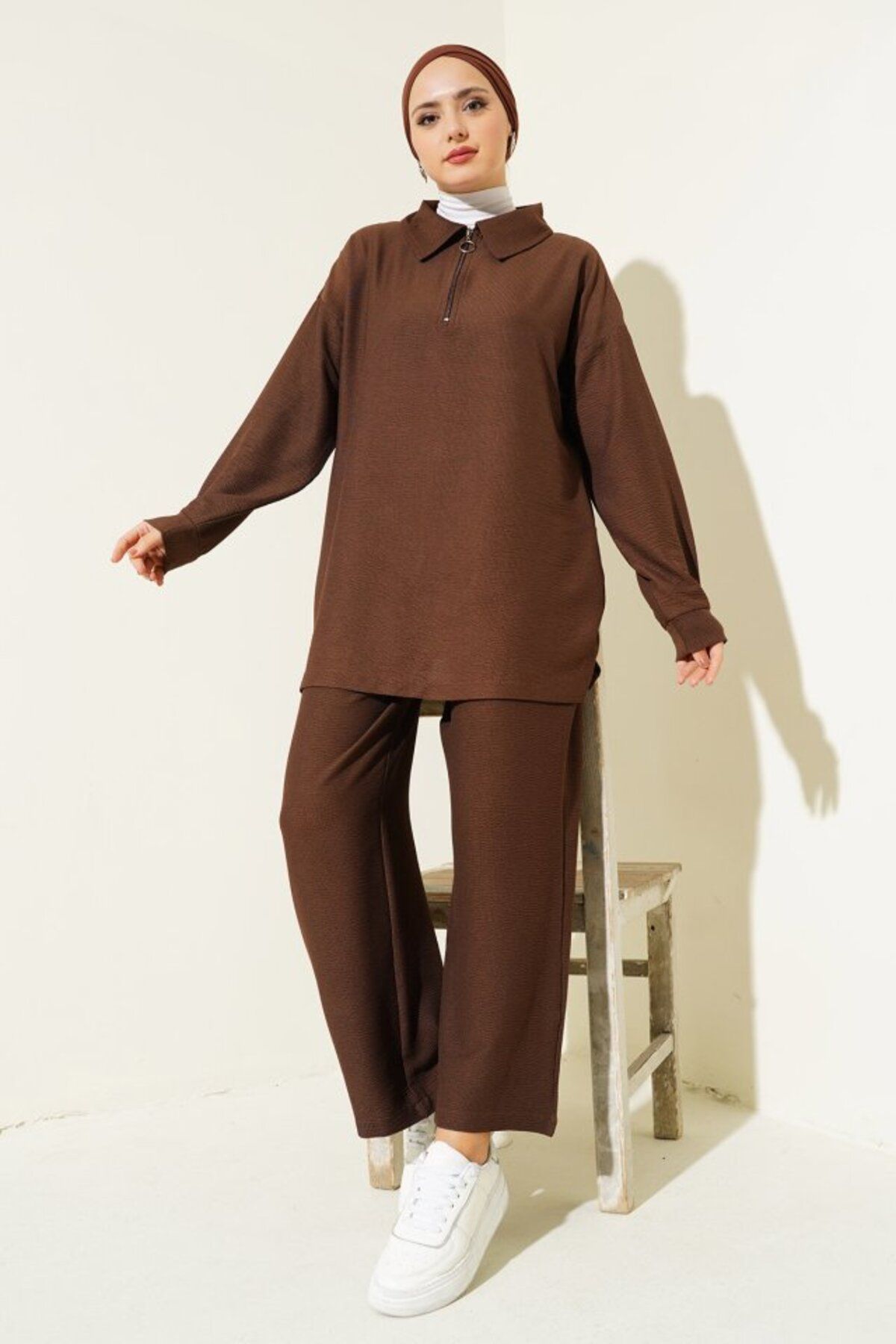 Gökyüzü Moda 6684 Bol Paça Pantolon Tunik İkili Takım - Kahverengi