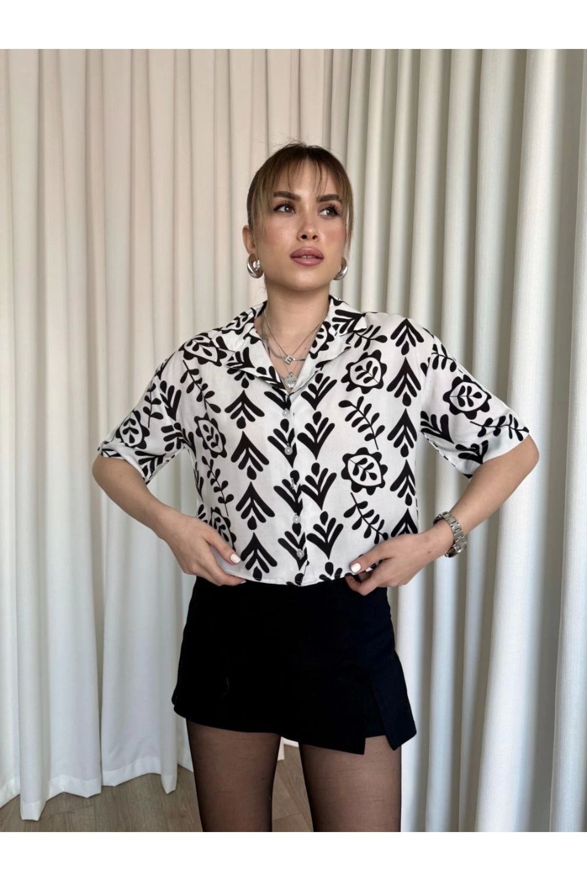 THEFOF Beyaz desenli crop oversize kadın salaş gömlek günlük casual yeni