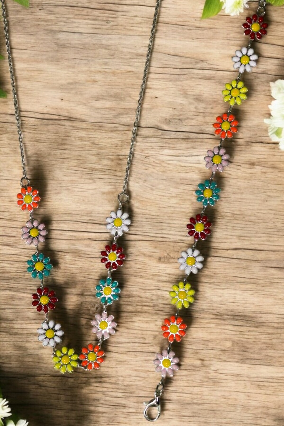 MakeWell Papatya Tasarımlı Gold Gümüş ve Rengarek Papatyalı Kolye ve Bileklik Seti Yazlık Kolye Bileklik