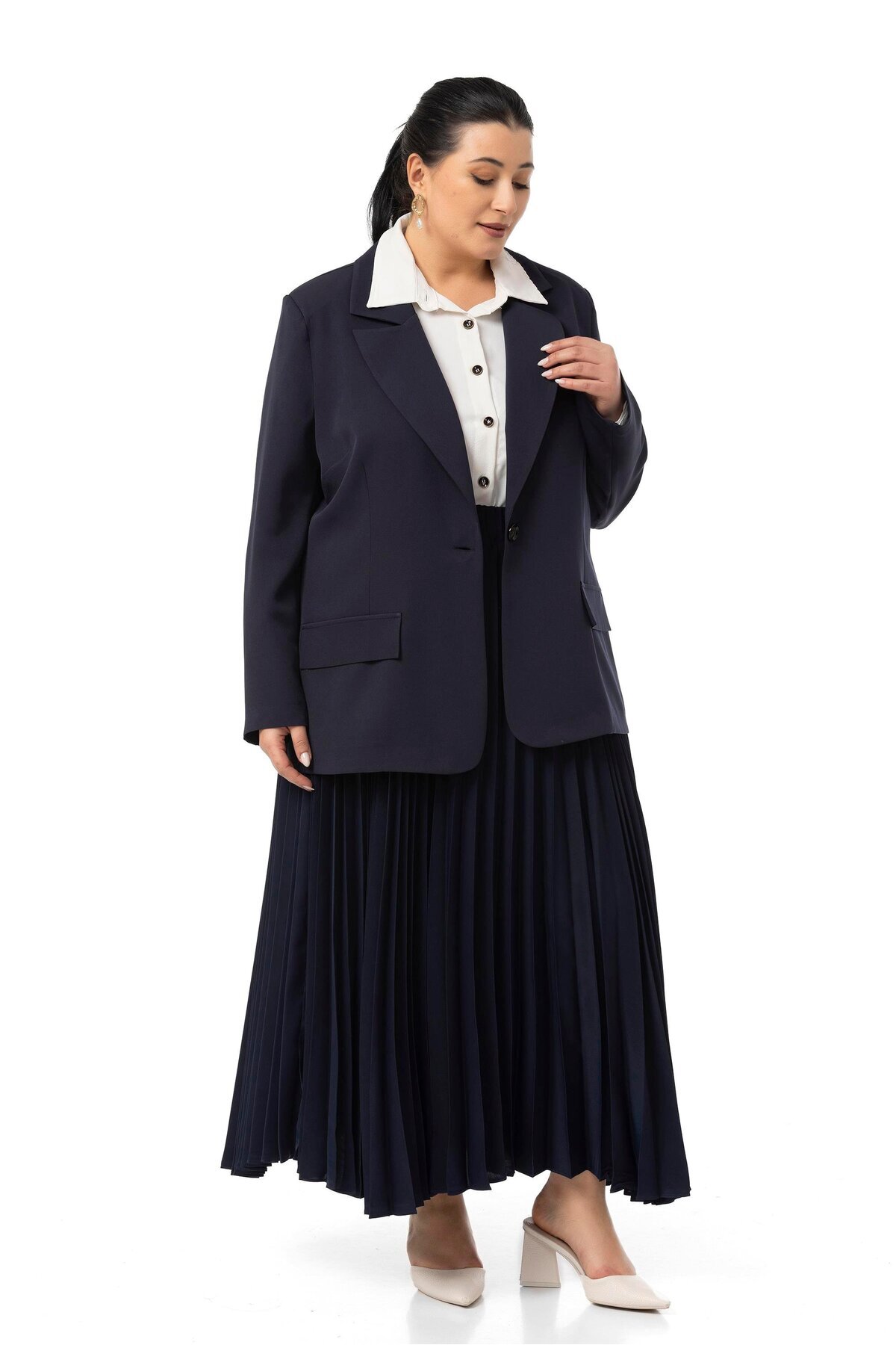 DISENTIS MODEST-Large Size Pleated Skirt Jacket Navy Blue Double Suit 4