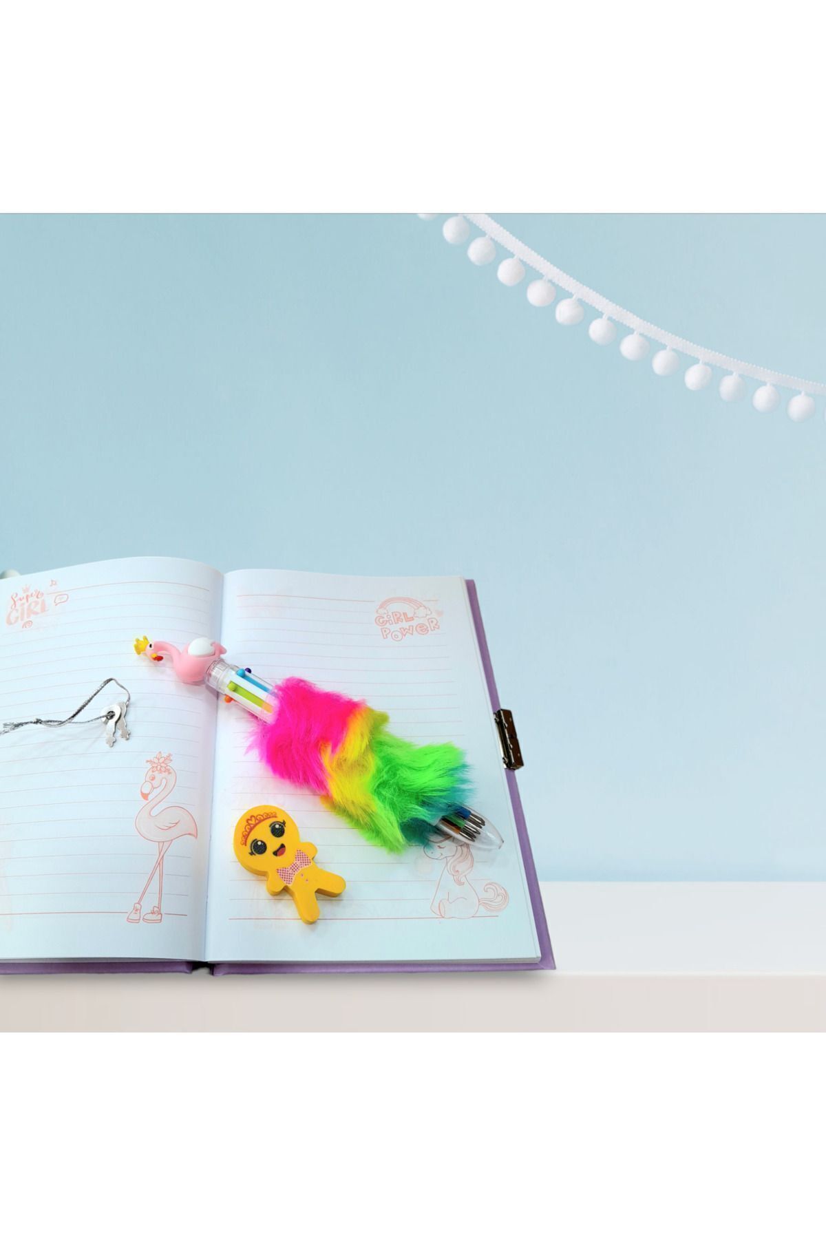 ÇİLEKHOMEAVM-Lama Locked Souvenir and Diary Notebook-Flamingo Feather Pen-Eraser 2