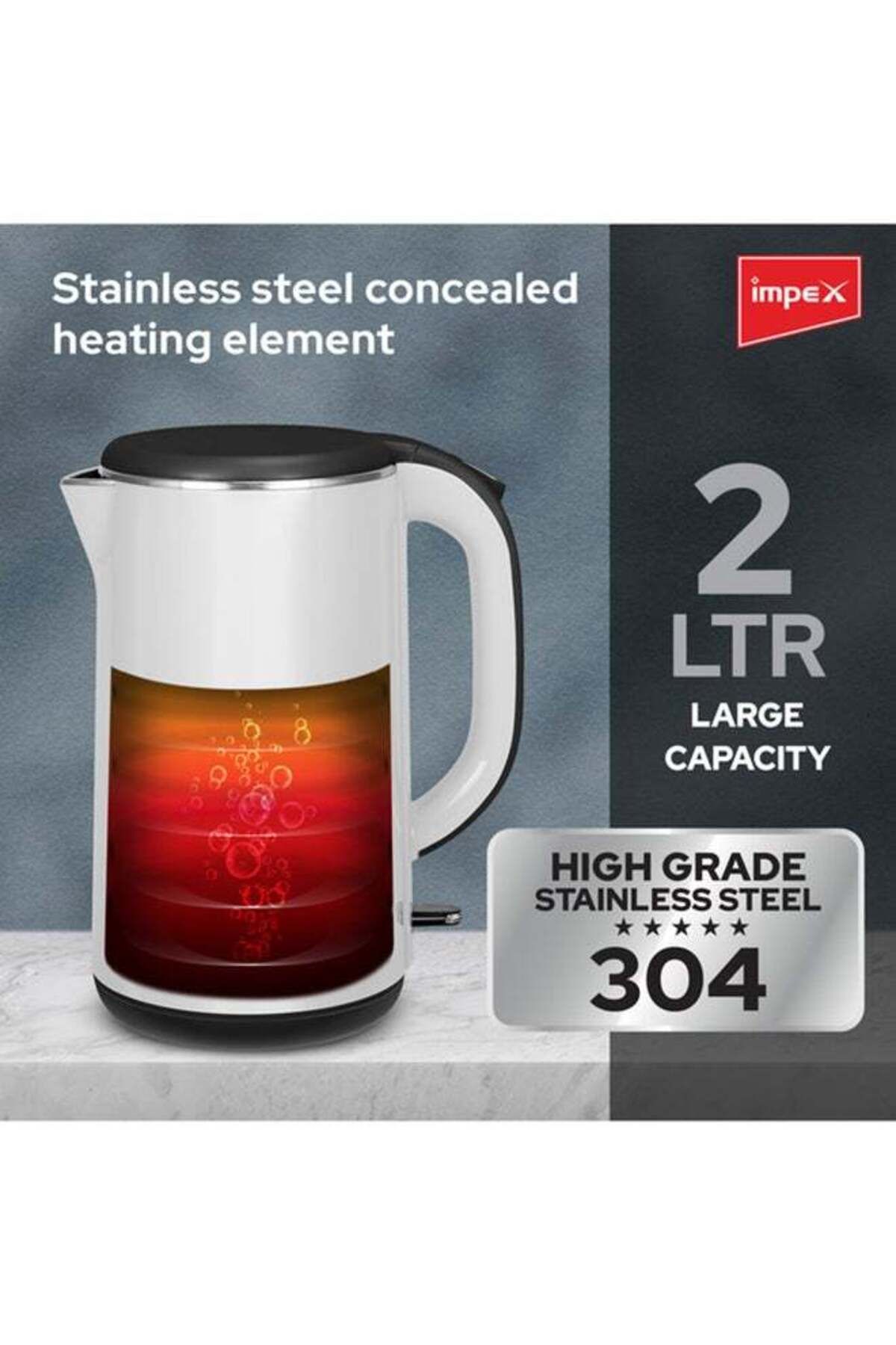 İMPEX-Electric Kettle 2 Ltr 1500W Double Layer Inside 360° Base Automatic Shut-Off- White STEAMER 2002 3