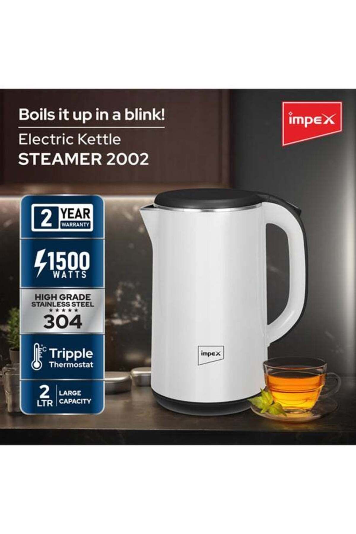 İMPEX-Electric Kettle 2 Ltr 1500W Double Layer Inside 360° Base Automatic Shut-Off- White STEAMER 2002 2