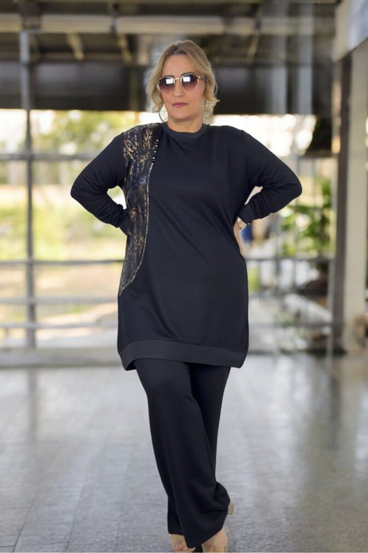 yagmurberen-Leopard Patterned Stone Detail Full Lycra Crystal 2 Thread Fabric Large Size Tunic Pants Two Sets 5