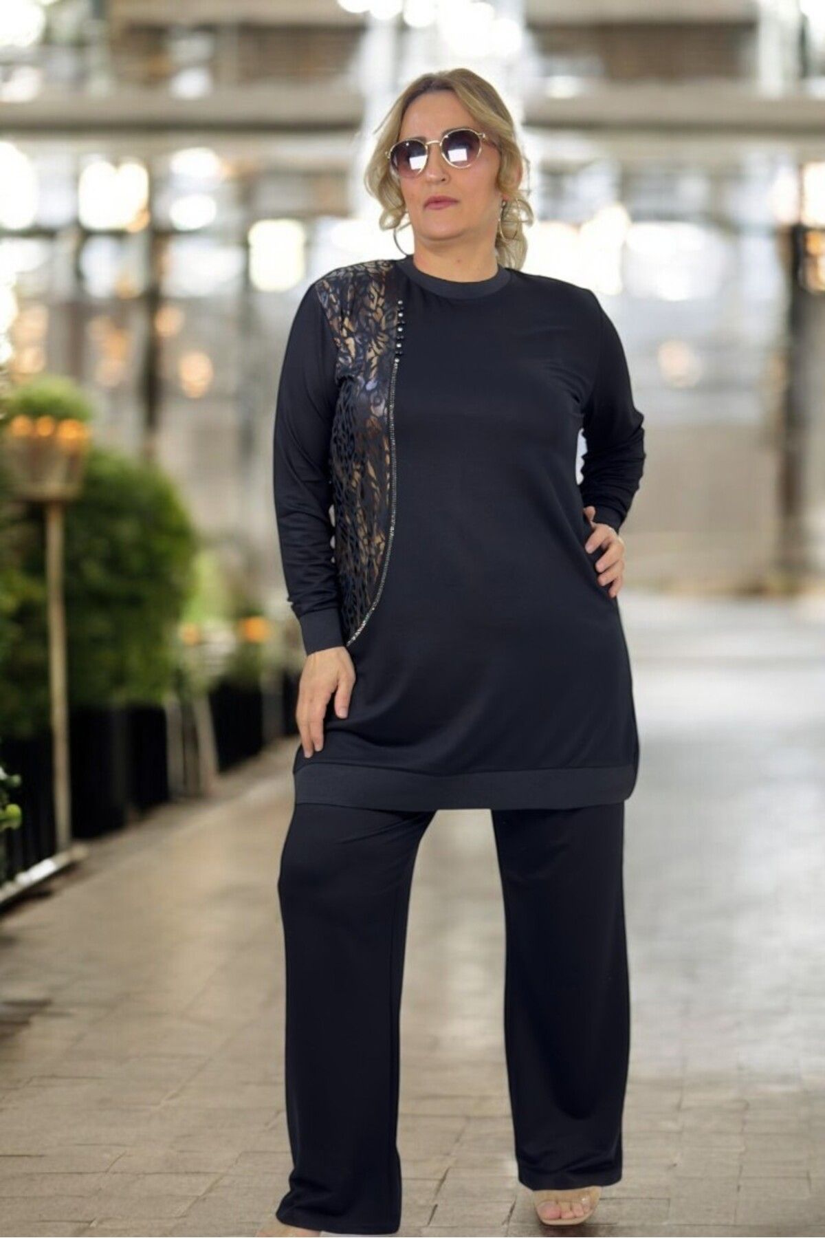 yagmurberen-Leopard Patterned Stone Detail Full Lycra Crystal 2 Thread Fabric Large Size Tunic Pants Two Sets 4