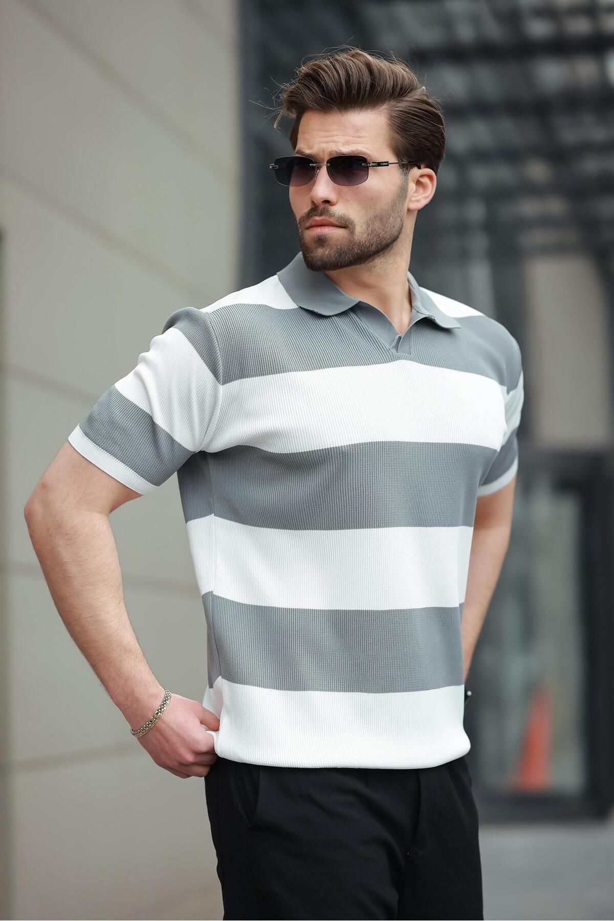 Madmext-Tricou alb cu guler polo cu dungi pentru bărbați E7411 6