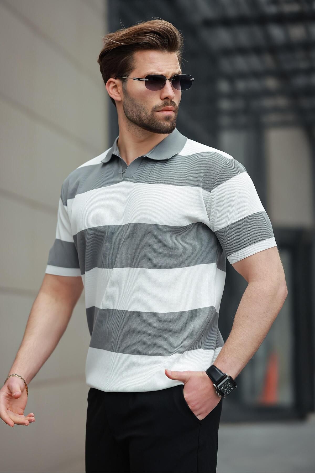 Madmext-Tricou alb cu guler polo cu dungi pentru bărbați E7411 4