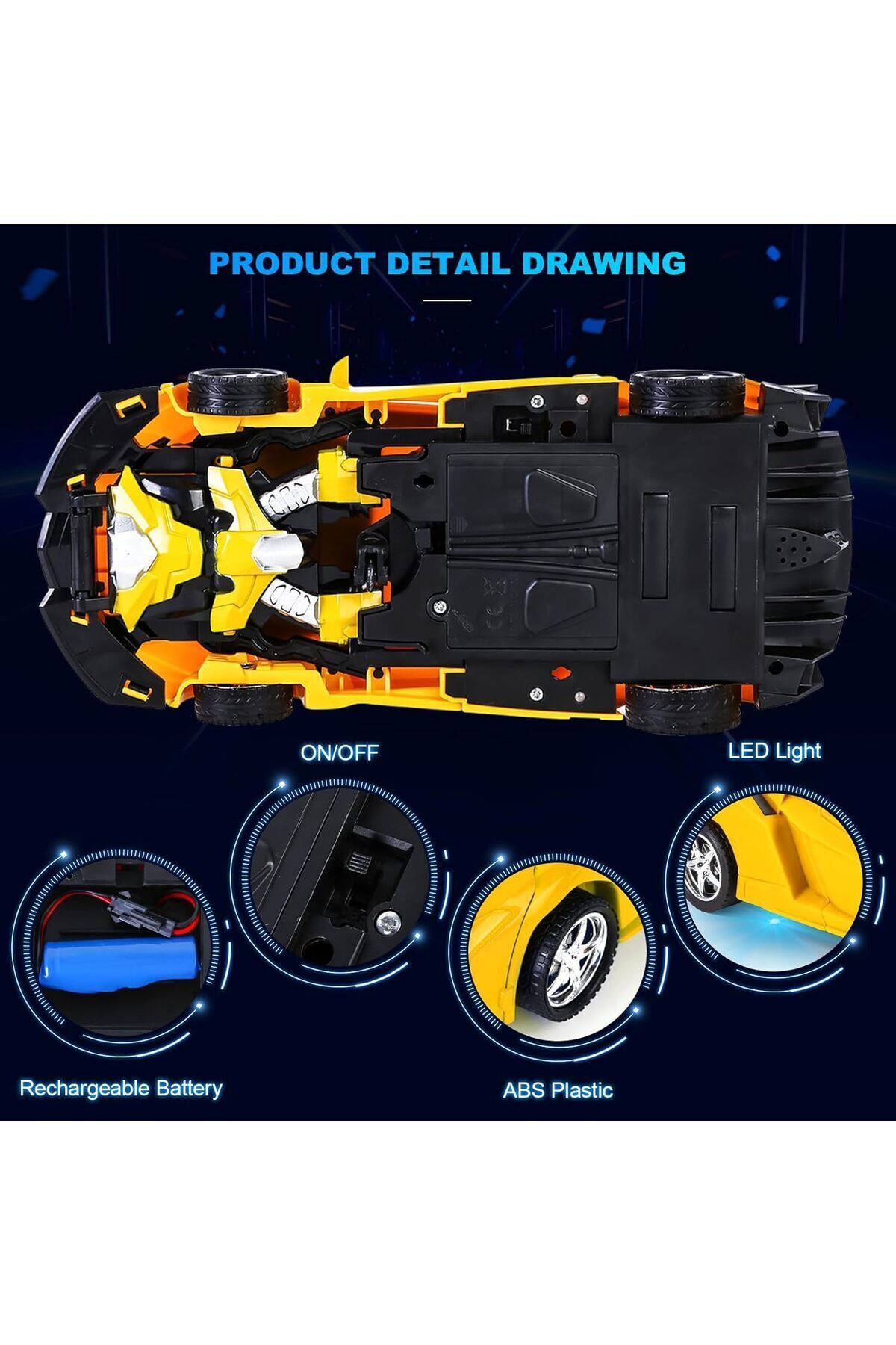 Yelajoy-Rc Transforming Car Robot Toys, With Lights 2.4GHz, 3 Rechargeable Battery, for 3+, Yellow 6