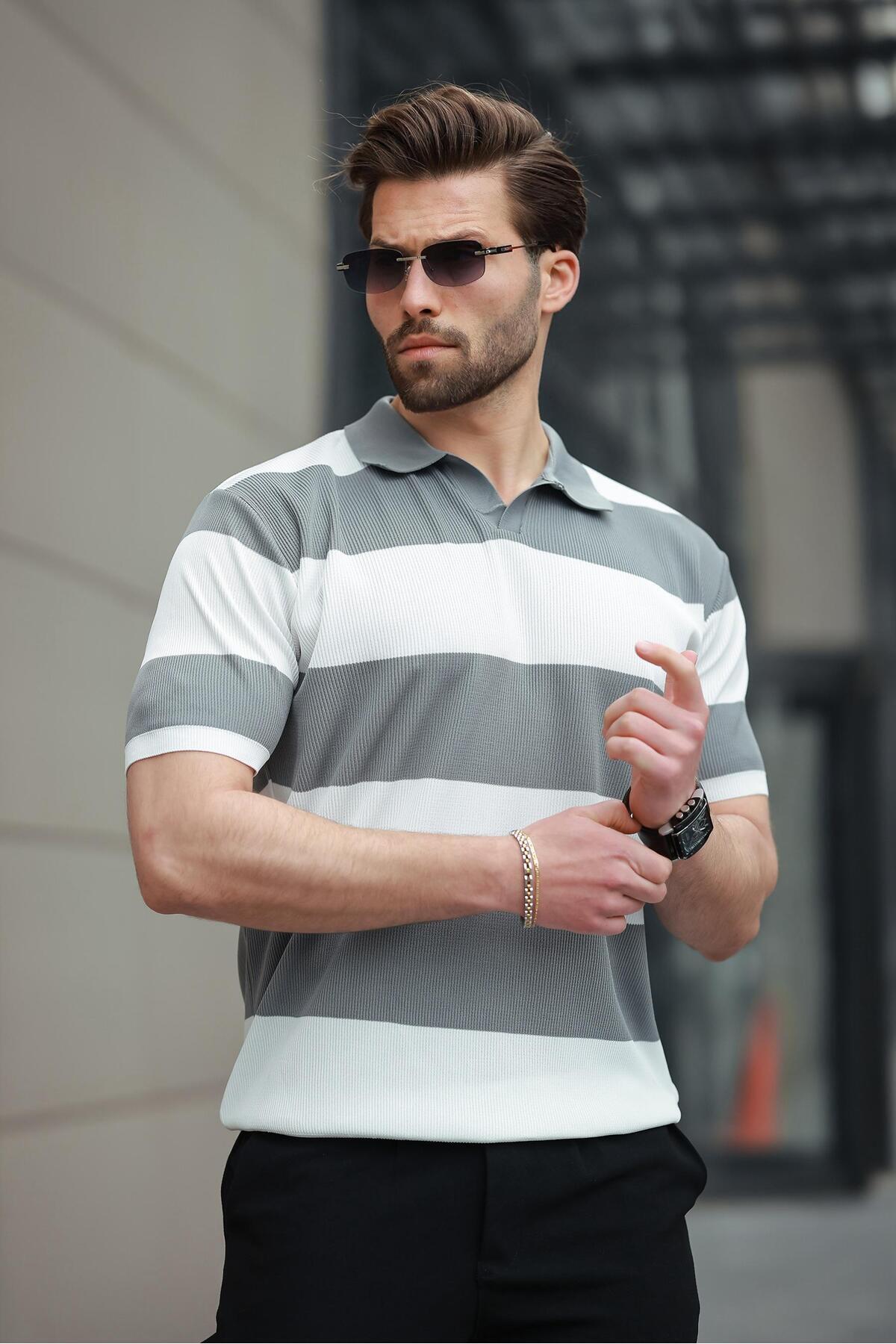 Madmext-Tricou alb cu guler polo cu dungi pentru bărbați E7411 5