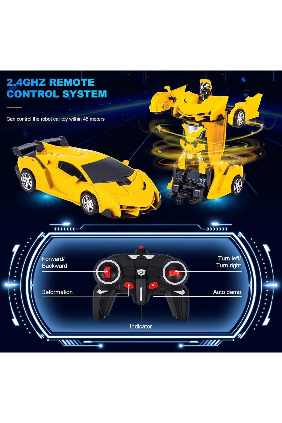 Yelajoy-Rc Transforming Car Robot Toys, With Lights 2.4GHz, 3 Rechargeable Battery, for 3+, Yellow 5