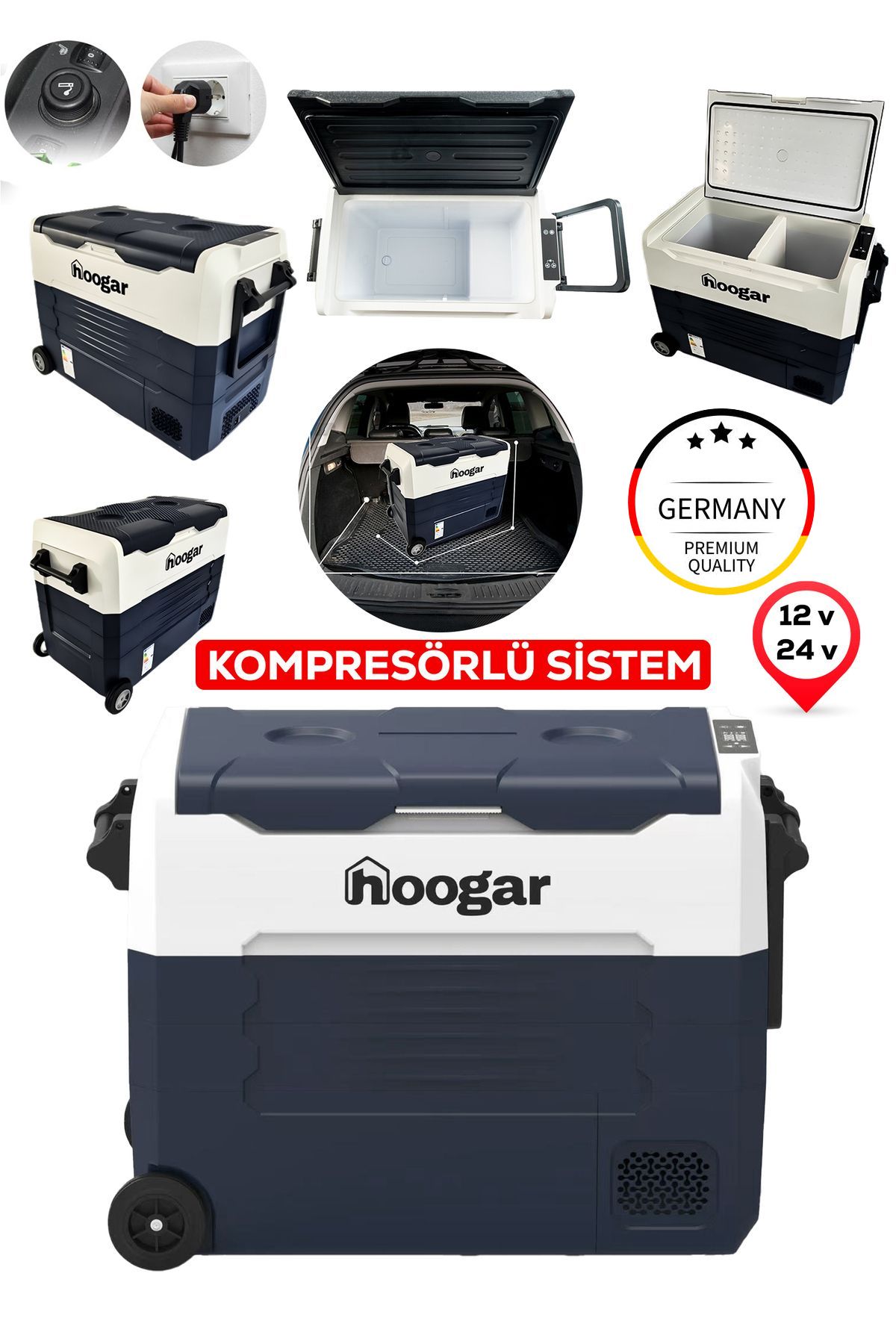WORKSIDE Alman Hooger 47-55 LT Geniş Kabin Tekerlekli Led Ekran Oto Buzdolabı 12-24 Volt -20 Derece Soğutma
