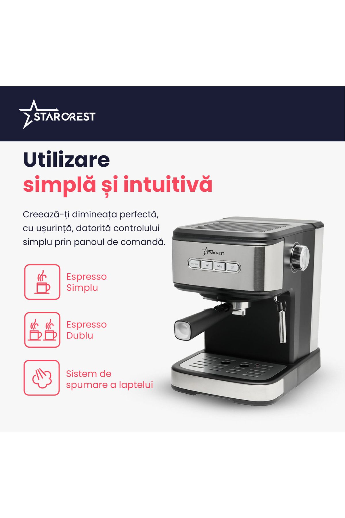 STARCREST-STARCREST SEM-850SLBK espresso machine, 850W, 20 bar, removable tank 1.5L, frothing device 4