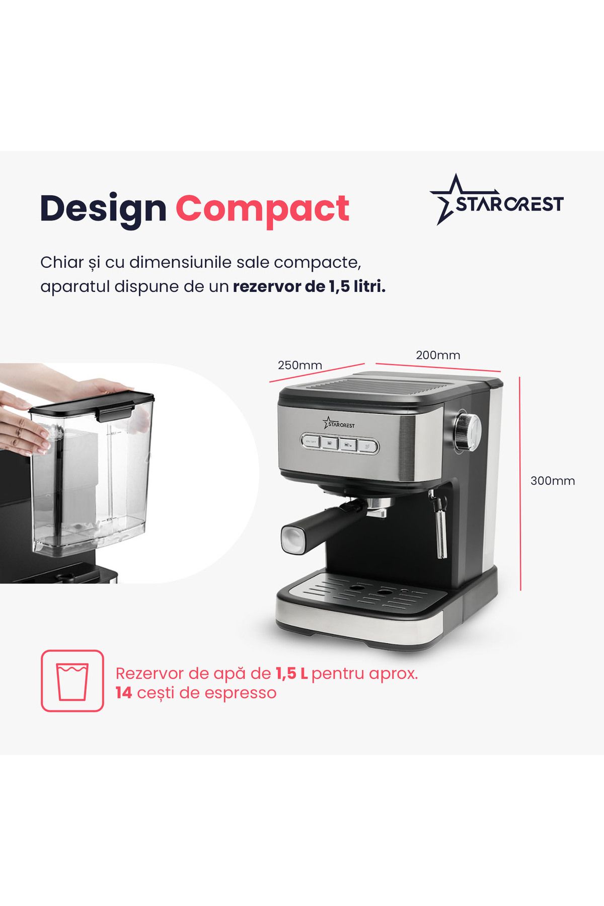 STARCREST-STARCREST SEM-850SLBK espresso machine, 850W, 20 bar, removable tank 1.5L, frothing device 5