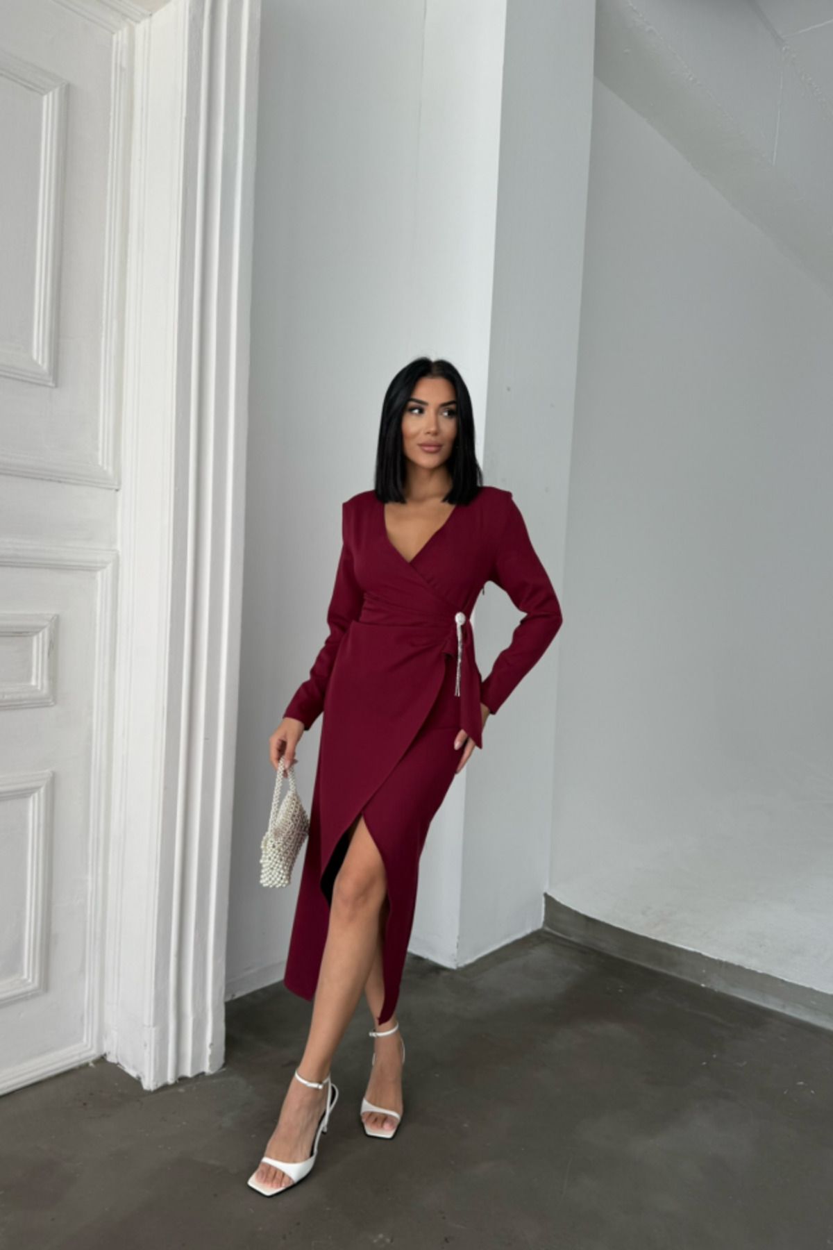 moda wanilia KRUVAZE BROŞ DETAYLI ELBİSE - Bordo
