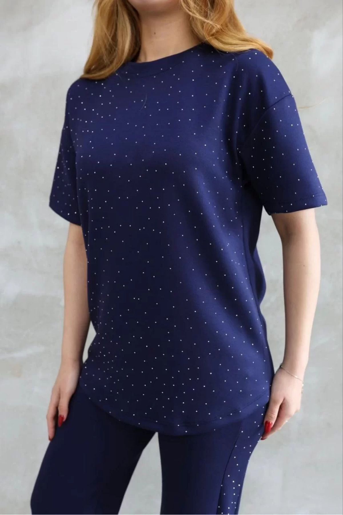 C&Z Collection Osy Modal Yumuşak dokulu Kumaş Bisiklet Yaka Taş detaylı Kısa Kollu Takım - Lacivert