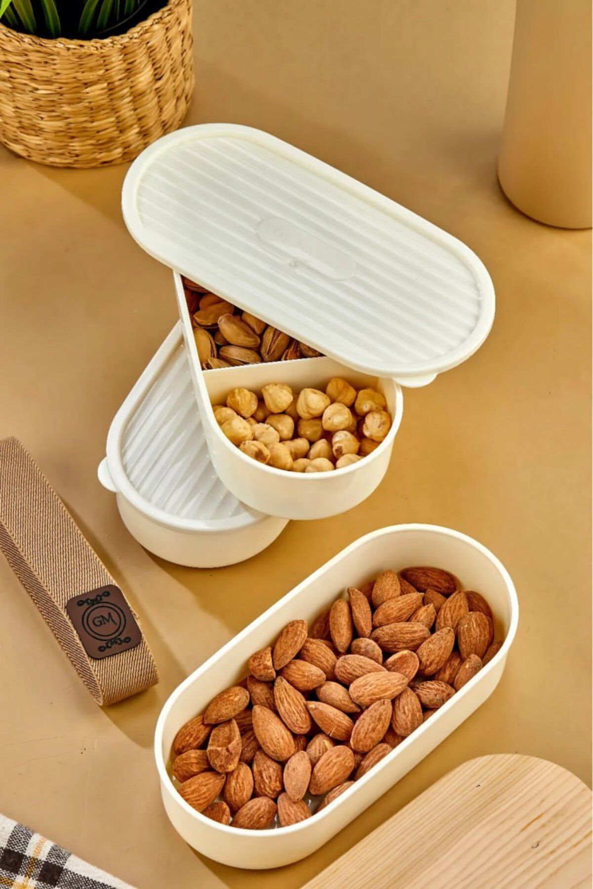 Anadolu Saray-3Pcs Stackable Practical with Elastic Band Wooden Lid Storage Container Set Lid Storage Container 3