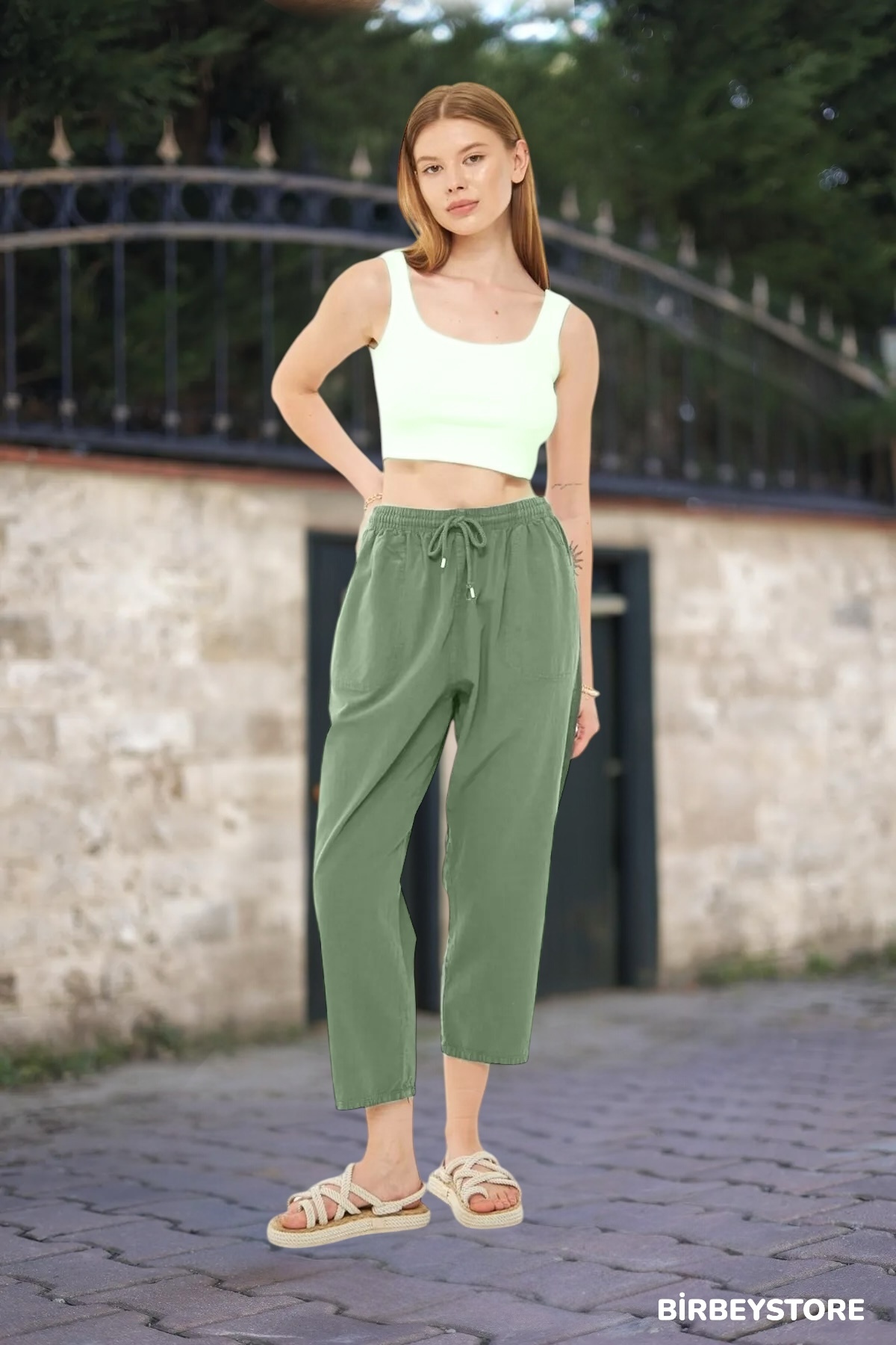 BİRBEYSTORE İnce Hambez Eşofman Kapri Unisex Büyük Beden Ham bez Pantolon Beli Lastikli Keten %100 PAMUK Relaxed görsel 2