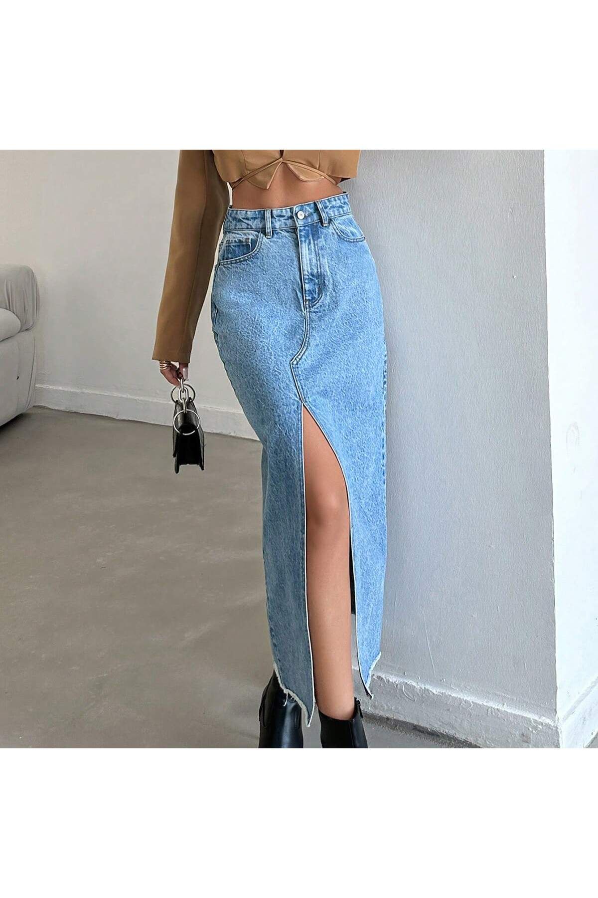 Dema-Fusta lungă din denim, 100% bumbac, cu fante 4