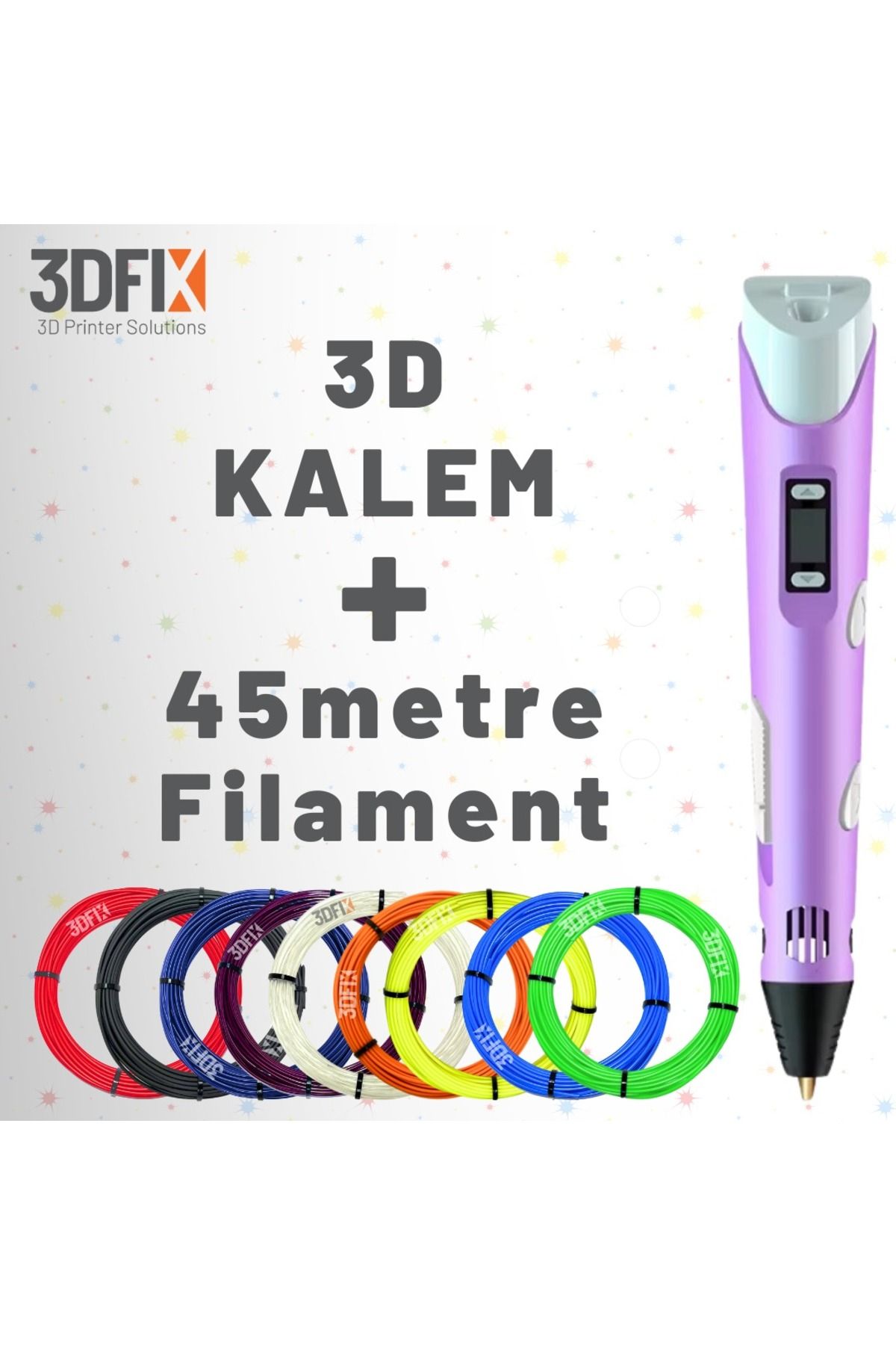 3DFIX 3D Kalem - 3D Pen - 3 Boyutlu Yazıcı Mor Kalem + Hediye 45 Metre Filament